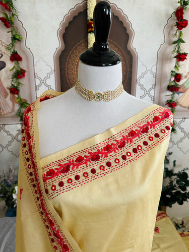 Lightweight Parsi Bullion Embroidery Pure Tussar Silk Saree | Cream yellow | Gujarati Hand Embroidery | Ships from California